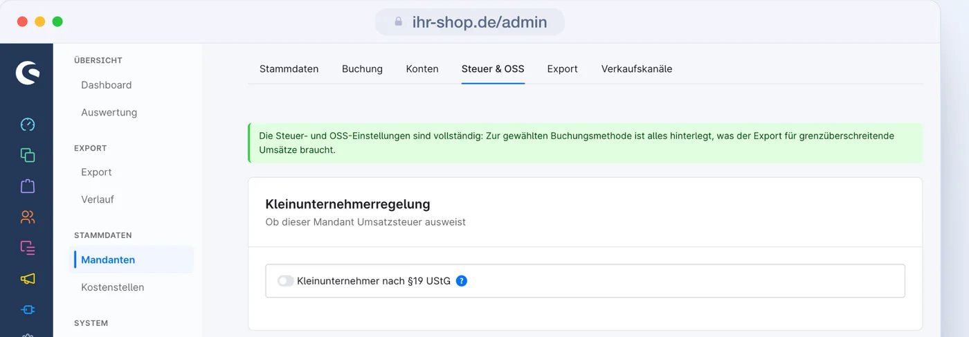 Der Reiter Steuer und OSS eines Mandanten mit dem Stand der Einstellungen und dem Kleinunternehmer-Schalter