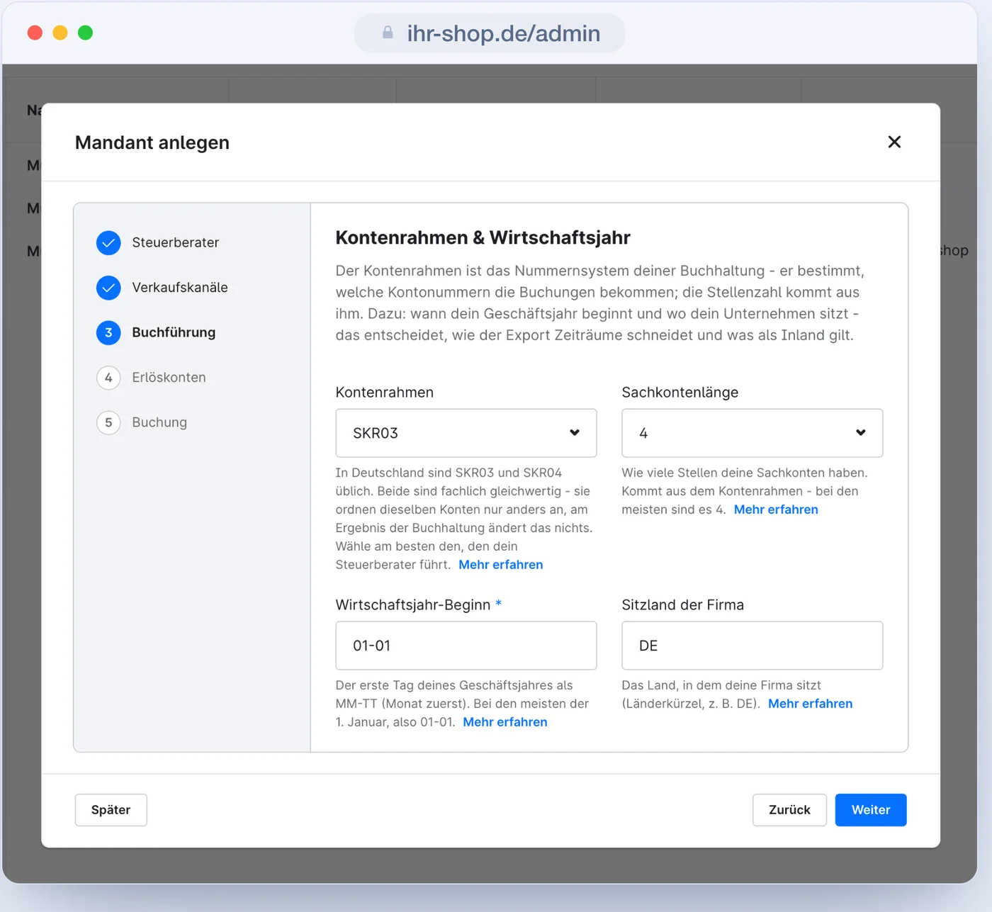 Der Assistent „Mandant anlegen“ im Schritt Kontenrahmen und Wirtschaftsjahr
