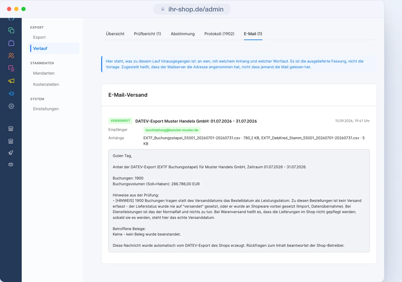 Der Reiter E-Mail eines Laufs mit Empfängern, Anhängen und Wortlaut