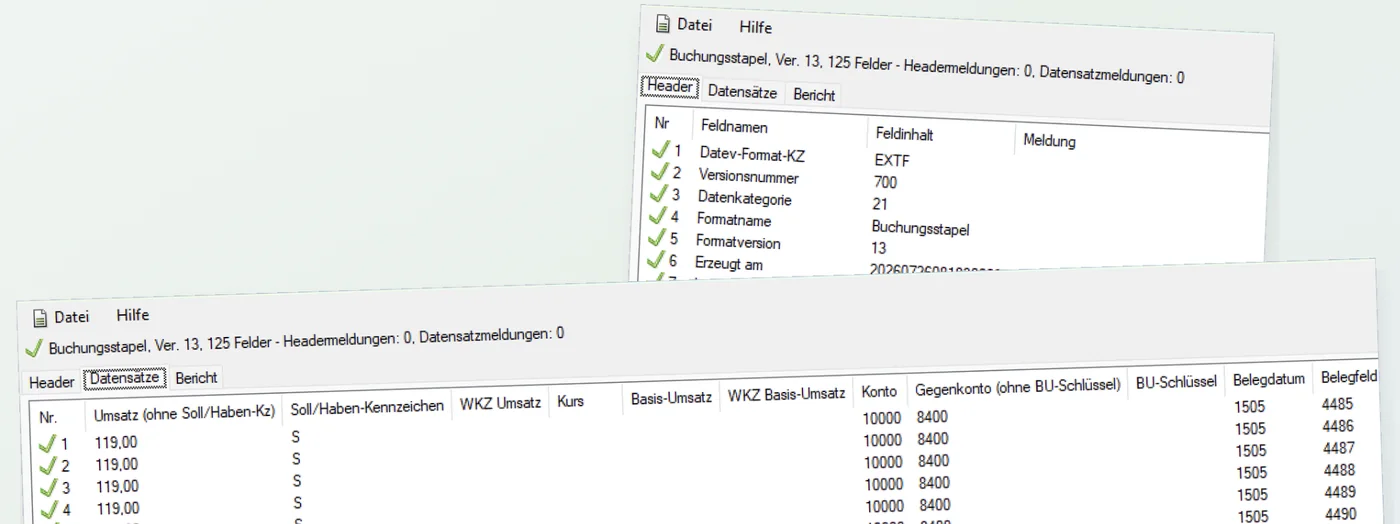 Bericht des Prüfprogramms DATEV-Format: null Header- und null Datensatzmeldungen
