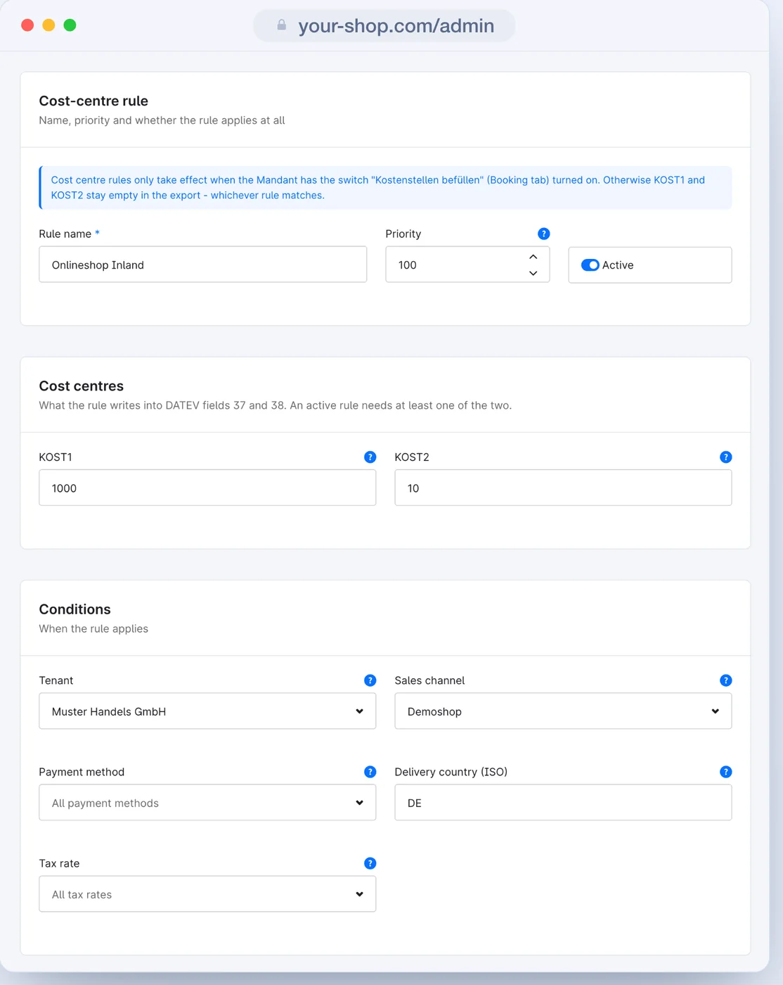 A cost centre rule with conditions, priority and the values for KOST1 and KOST2