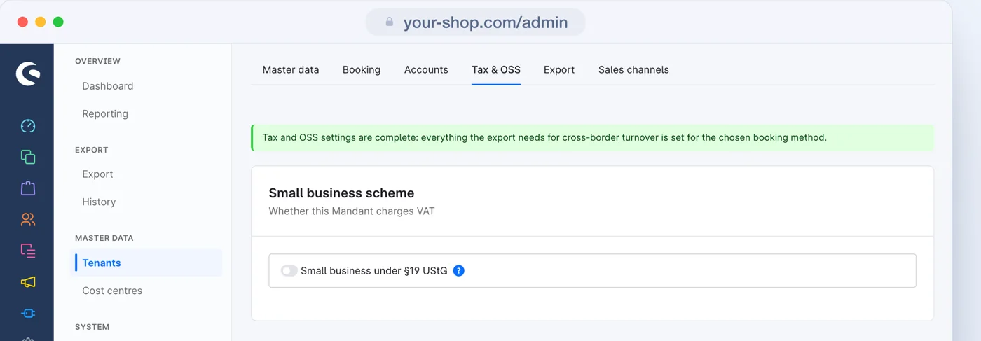 The Tax and OSS tab with the switch "Small business under § 19 UStG"