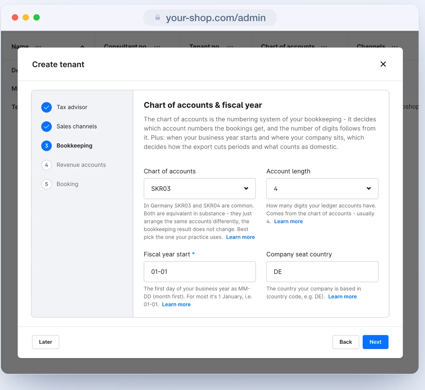 The "Create tenant" assistant at the chart of accounts and fiscal year step