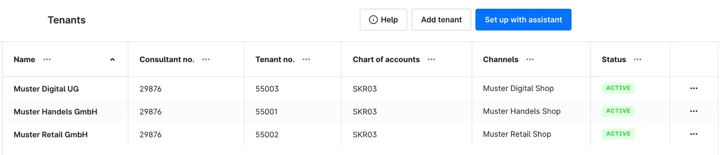 The tenant list with three companies, their numbers, charts of accounts and sales channels
