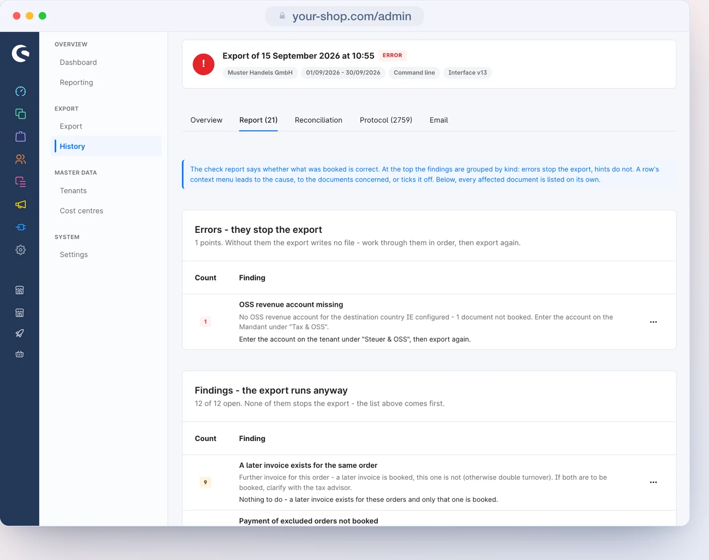 Check report of a run: an error stops the export, notices carry on