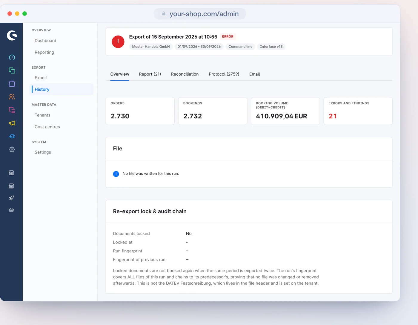 A blocked run: no file, the check report names the reason