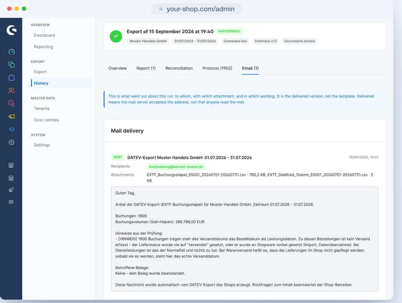 The Email tab of a run with recipients, attachments and wording