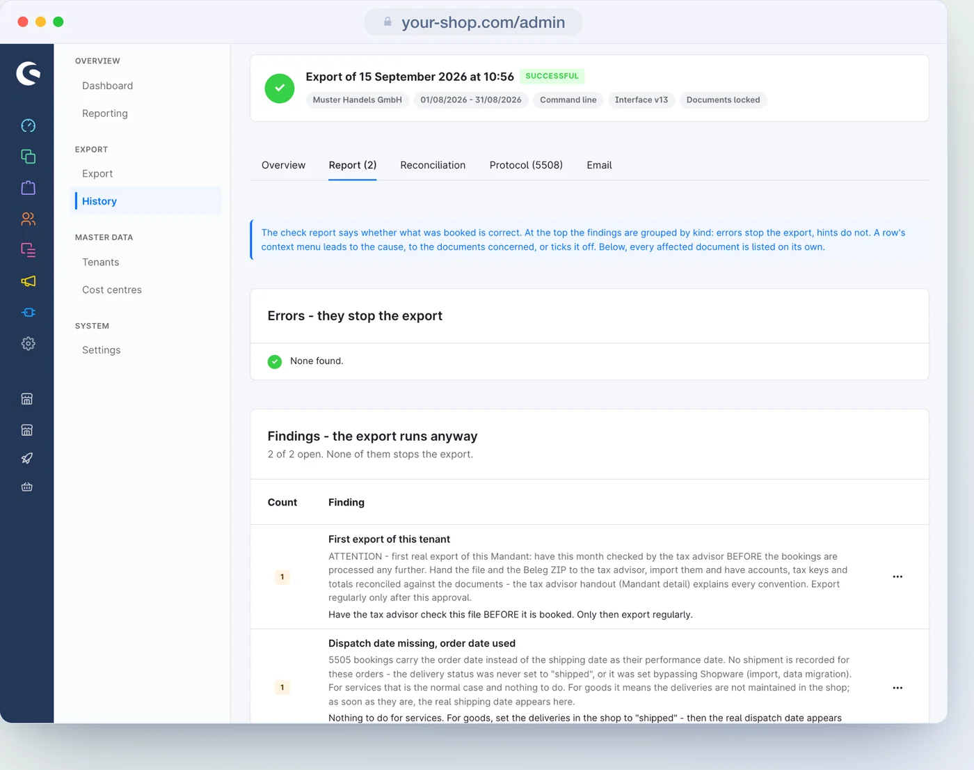 Check report of a run with notices that do not stop the export