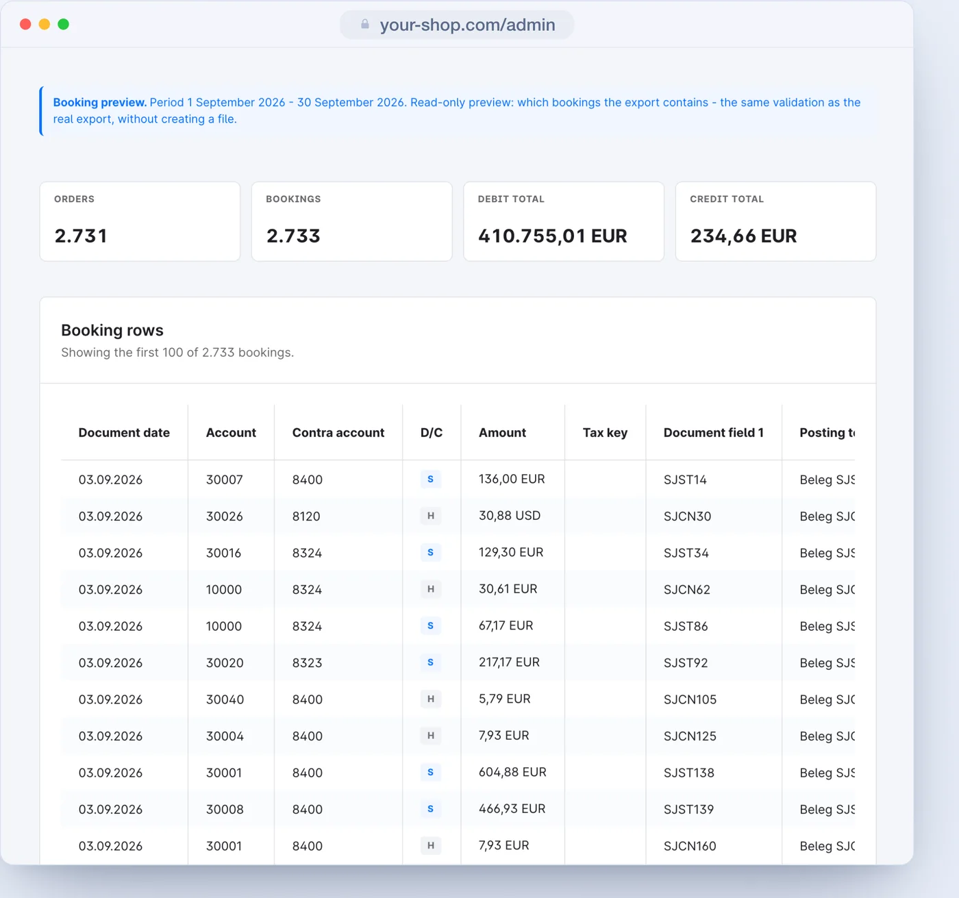 The preview of a period with key figures and every booking line, without a file
